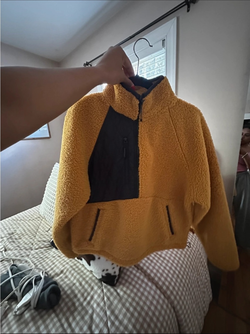 Old Navy Mustard Yellow Sherpa Pullover with Black Chest Panel